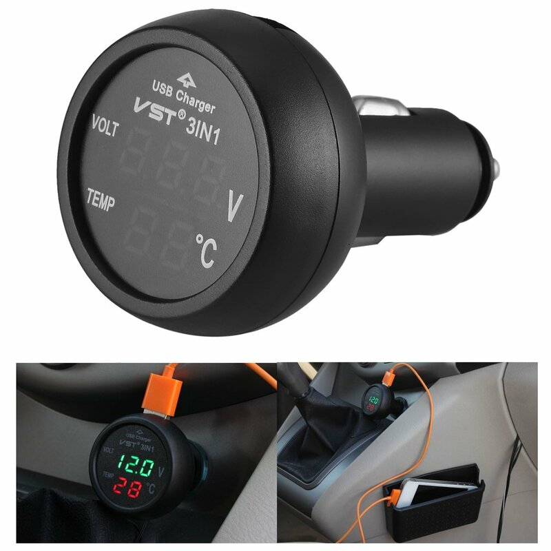 Voltímetro de carro LED digital com display duplo, carregador USB, voltímetro e termômetro, monitor de bateria, LCD, 3 em 1, 12V, 24V