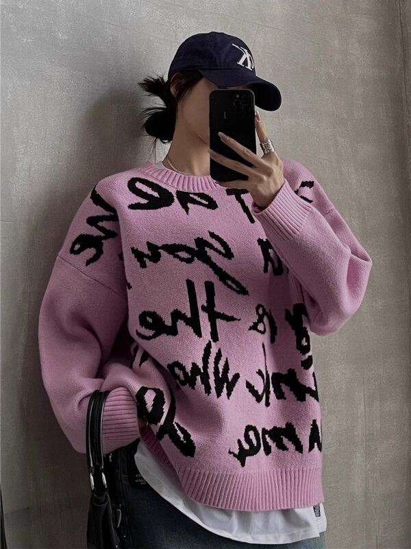 Fashion Women Sweaters Autumn Winter New Loose O Neck Letter Pullovers Hip Hop Long Sleeve Top Warm Knitwear Oversized Jumpers