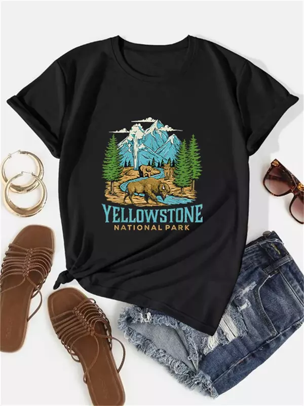 Camiseta Y2k de manga curta do parque nacional das mulheres, urso bisão americano, camiseta estampada com letra vintage, gola redonda, blusa casual confortável
