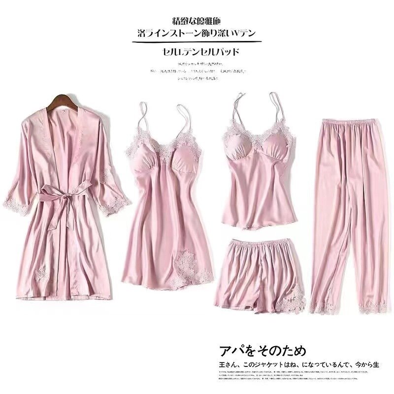 2024 New Hop pigiama reggiseno estivo seta Sexy bretella pizzo solubile in acqua fiore cinque pezzi Set pigiama sottile abbigliamento per la casa delle donne