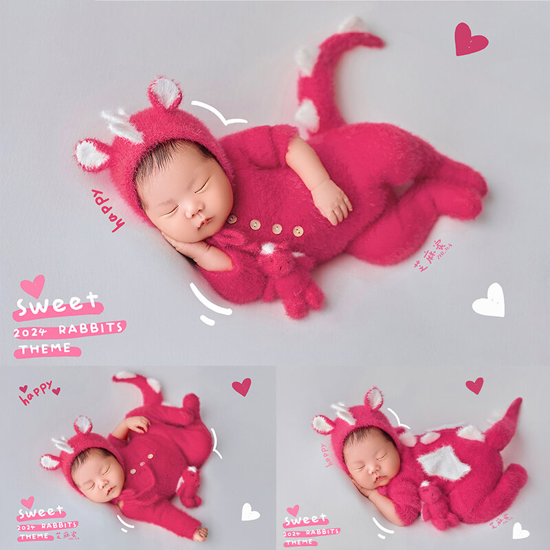 Newborn Photography Outfit Pink Furry Dinosaur Costume Set Dragon Year Posing Backdrop Props Studio Shooting Photo Accessories