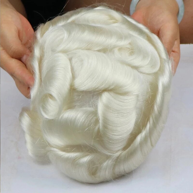 Men's Wigs  #60RY White Human Hair Full Thin Skin PU 8x10 Toupee Man 0.04-0.05MM Capillary Prosthesis Unit Replacement System