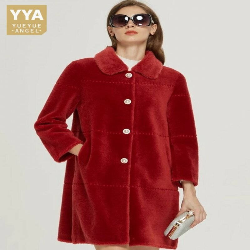 New Winter Women Lapel Collar Single Breasted Long Real Wool Jacket Elegant Ladies Sheep Fur Coat Thick Warm Overcoat Size S-8XL