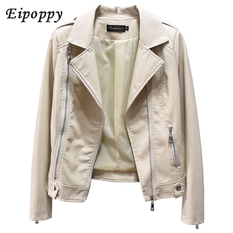 Jaqueta de couro feminina com zíper, terno fino, colarinho, motociclista, pequeno, novo