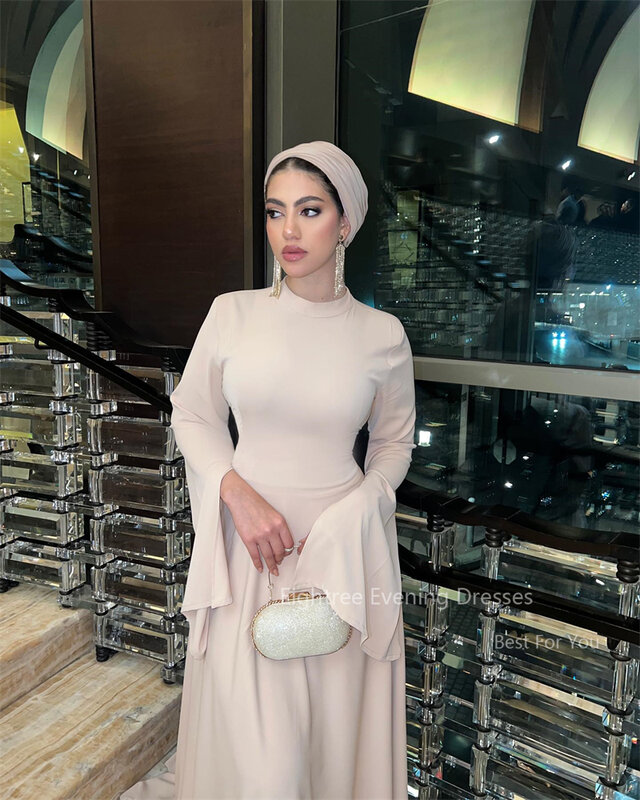 Achitree hellrosa Satin Abendkleider Flare Langarm o Hals Dubai muslimischen Ballkleid bodenlangen arabischen formellen Party kleid