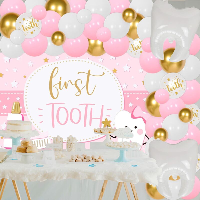 Erste Zahn themen orientierte Party dekoration Zähne Party Fotografie Hintergrund Stoff 1. Zahn Hintergrund Luftballons Bogen Kit für Mädchen Baby