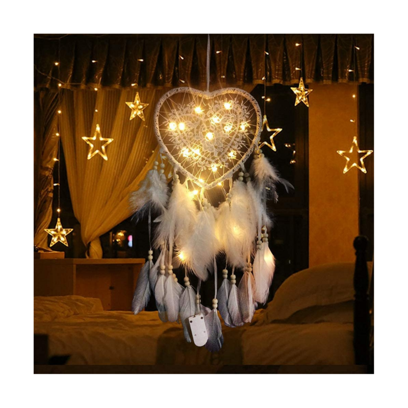 Atrapasueños en forma de corazón con luz LED, colgante de estilo bohemio, decoración para niñas, regalos