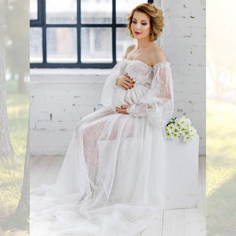 Uma linha pescoço sem ombros maternidade fotografia vestido, vestido de renda transparente, Baby Shower Photo Shoot, Wedding Dress Acessórios