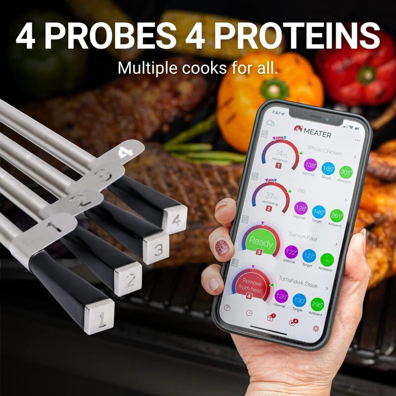 Blok: termometer daging pintar WiFi Premium 4-probe | Untuk BBQ, Oven, panggangan, Dapur, pengasap, alat panggang | iOS & Android