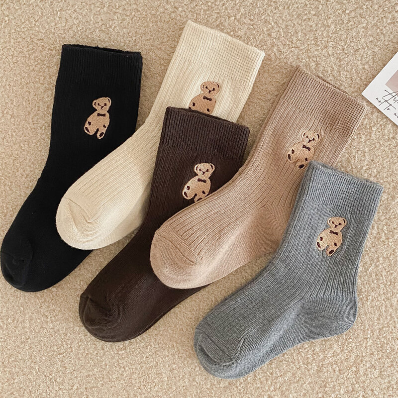 ถุงเท้าผ้าฝ้ายถักสำหรับเด็ก1-9ปีถุงเท้าถักลายหมีสไตล์ย้อนยุคเกาหลีสำหรับฤดูใบไม้ร่วงและฤดูหนาว