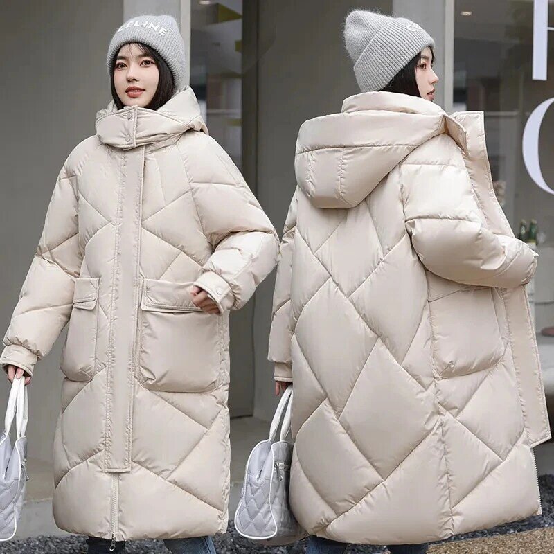 女性用ロングパーカジャケット,厚手のコットンコート,パッド入り,ロング,冬用