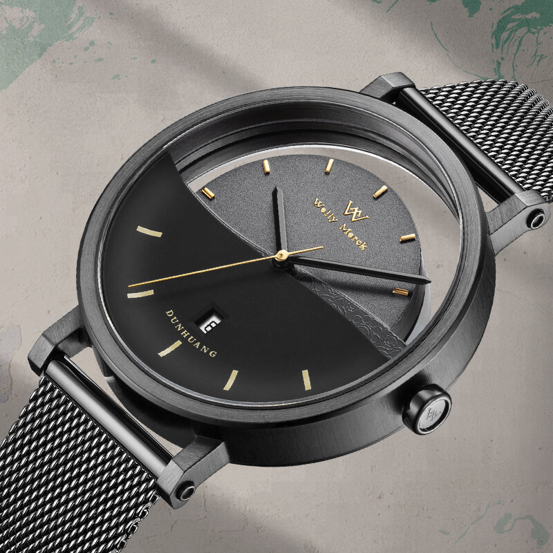 Welly Merck Relógio de Quartzo Masculino em Aço Inoxidável Edição Limitada com Safira - Série de Colaboração Tema Paisagem Natural