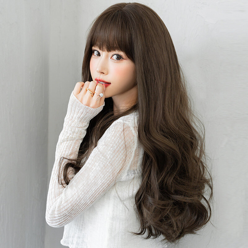 7JHH WIGS Beginner Friendly Synthetic Body Wavy Cool Brown Wigs with Fluffy Bangs High Density Layered Heat Resistant Wig