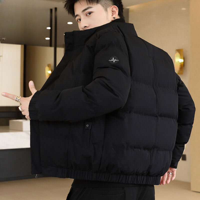 2023 nowa męska puchowy płaszcz bawełniany kurtka zimowa zagęszczona luźna ciepła kurtka modna stójka w stylu Casual odzież wierzchnia w jednolitym kolorze