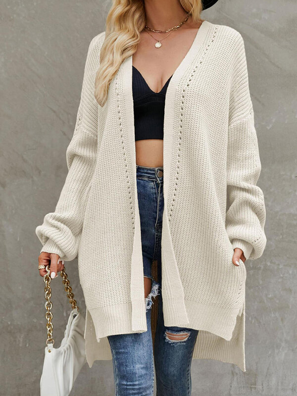 Damska zimowa dziergany sweter Y2k sweter z długim rękawem z przodu jednolita, Oversized z nieregularnym brzegiem dzianiny