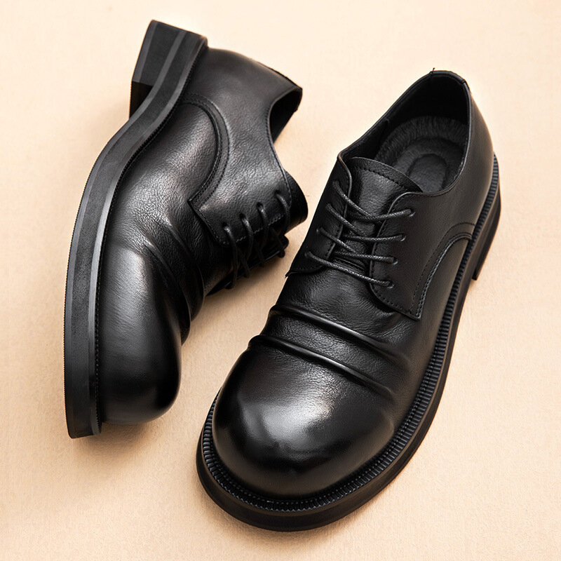 Sapatos retrô de couro genuíno para homens, sapatos formais de luxo, estilo britânico, qualidade artesanal, dedo do pé redondo, preto, casamento, social