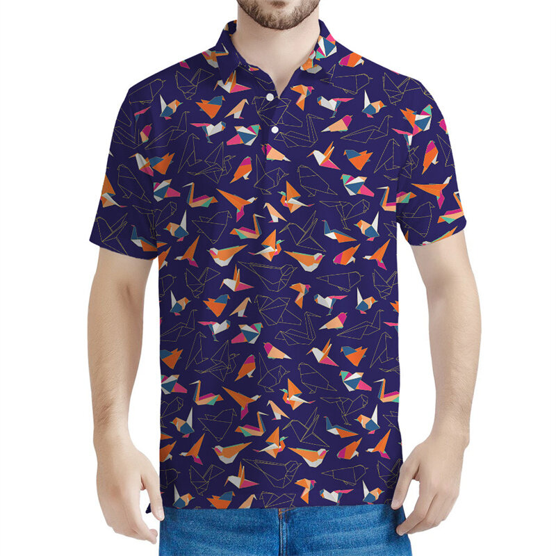 Polo con patrón de pájaro de Origami colorido para hombre, camiseta estampada en 3d, Tops de verano, camiseta de gran tamaño, camiseta informal de manga corta con solapa