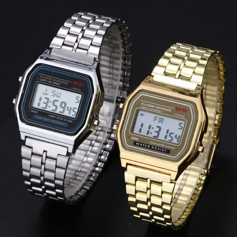 Montre-bracelet numérique LED unisexe, or, argent, noir, vintage, sport, militaire, électronique, cadeau, hommes, femmes