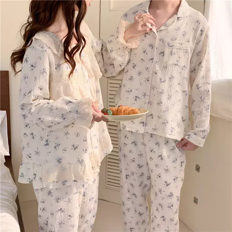 Французские элегантные кружевные пижамные комплекты, милая одежда для сна в стиле ретро с цветочным принтом, кардиган на пуговицах, хлопковая домашняя одежда для пар, осень D804