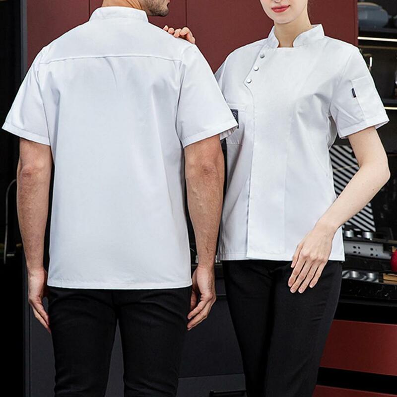 Unisex mangas curtas Chef Top, cor sólida, bolso, fivela, roupas de trabalho, uniforme de cozinha, padaria, restaurante, topo