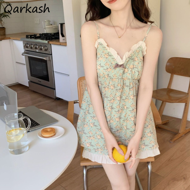 Floral Pajama Sets Women Summer Tender Loose Fashion Spaghetti Strap Korean Style Sweet All-match Home Students Aesthetic Basic