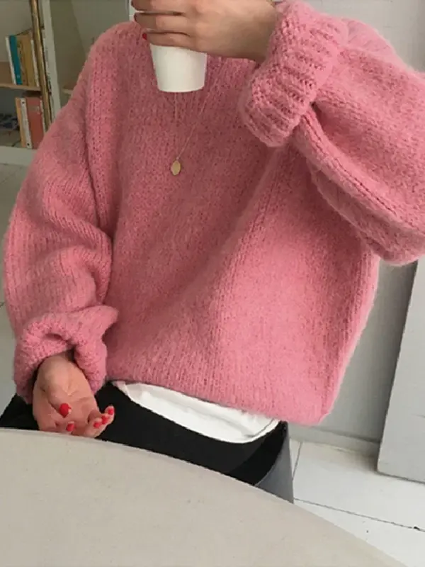 Suéter rosa de manga larga para mujer, suéteres de punto holgados, prendas de vestir exteriores blancas, 10 colores, Invierno
