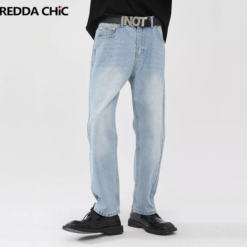REDDACHIC Solid Casual Cropped Jeans for Men Vintage Wash Cleanfit Straight Jeans Bleached Whiskers Pencil Pants Korean Clothes