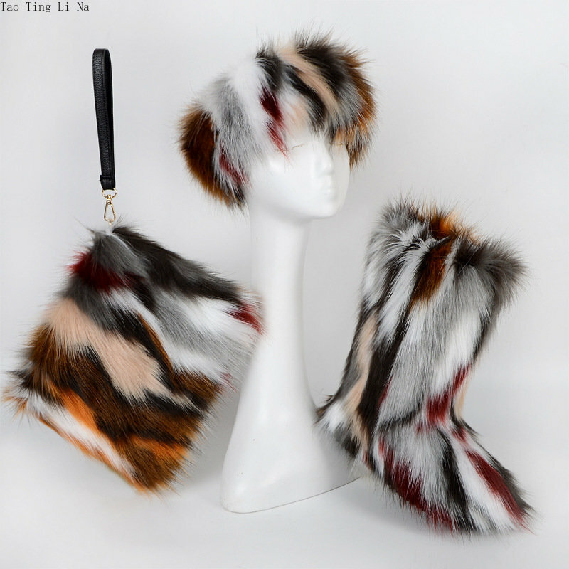 Três Peças Conjunto de correias de pelúcia e espessamento, Bolsa de Transporte, Imitação Fox Fur Mulheres Snow Boots