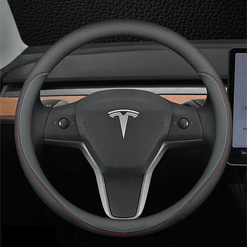 Capa de volante de couro Nappa para Tesla, Acessórios para interiores automotivos pretos, Model 3, Y, S, X, 2019-2023, 4 estações, 36-38 cm