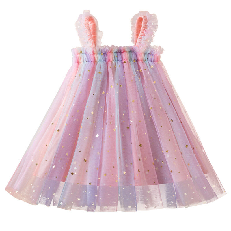Летние платья для девочек с цветочным рисунком, новое Сетчатое Радужное платье принцессы с блестками, свадебное детское платье-Бюстгальтер трапециевидной формы до колена