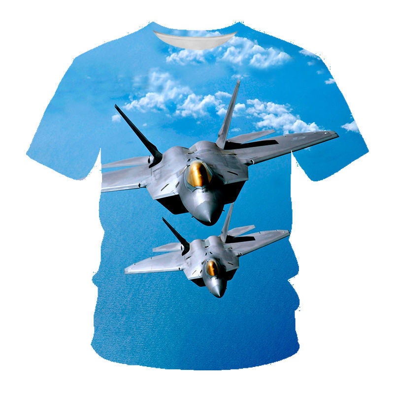 Футболки Kawaii, летняя футболка с 3D-принтом истребителя самолета, модная детская повседневная футболка с круглым вырезом для мальчиков и дево...