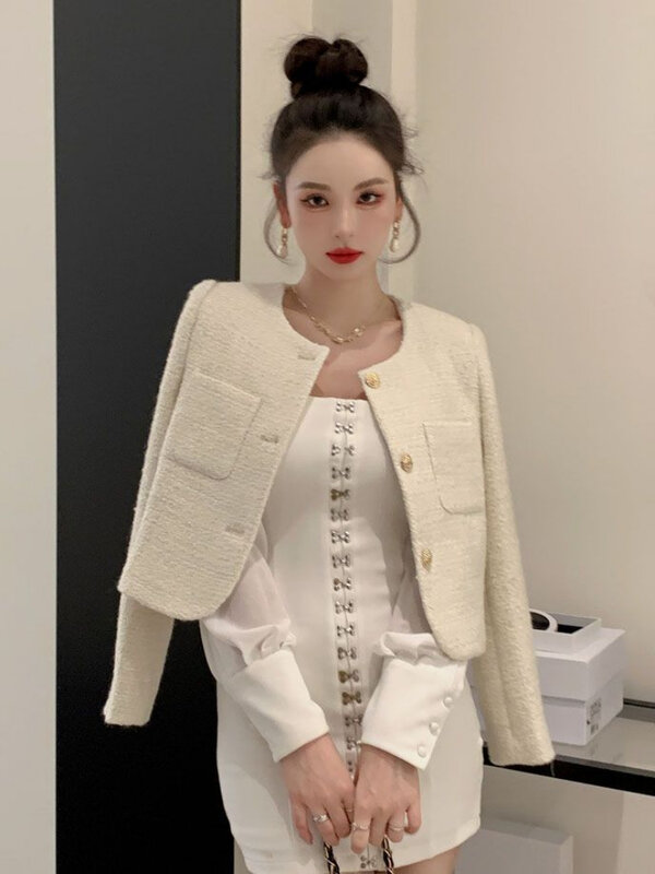 Luxury Small Fragrance High-end Cropped Tweed Jacket Women Woolen Coat Single-breasted Spring Autumn Clothes Coat Korean Fashion