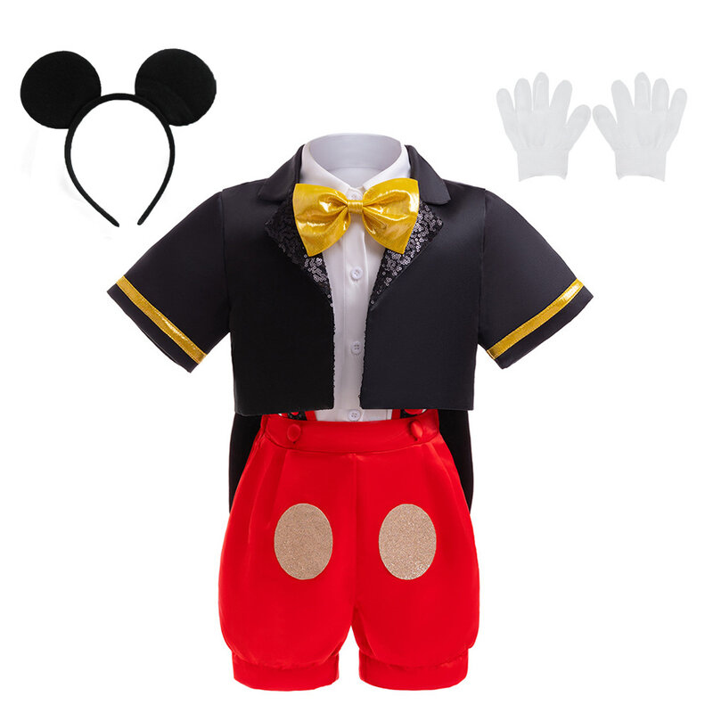 Vestido Disney Mickey Mouse para meninas e meninos, Minnie Cartoon Clothes, Trajes Cosplay, Laço extravagante, Conjunto de roupas