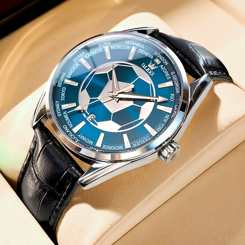 นาฬิกาควอตซ์สีน้ำเงินสำหรับผู้ชายสายหนังหรูหรากันน้ำวันที่เรืองแสงนาฬิกาแฟชั่นแบรนด์ OLEVS