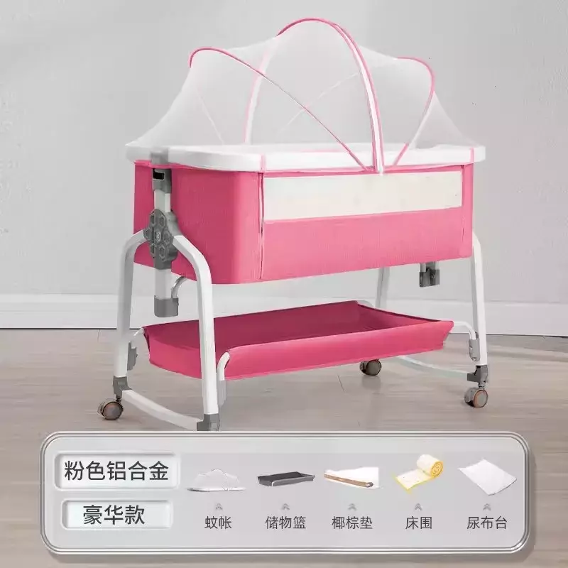 Foldable Spliced Baby Crib Large Portable Bed, Mobile Newborn Multifunctional Mobile Baby Crib