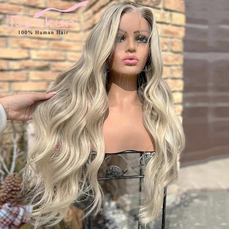 Ash Blonde Highlight Body Wave Wig, Perucas de cabelo humano, 13x6 HD Lace Frontal Wig, 360 Lace Front Wig, Brown, 200 Densidade, Glueless