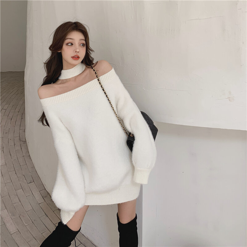 Koreańskie dzianinowe swetry damskie luźne miękkie ciepłe sweter i pulowery damskie bluzy off shoulder tops (R99455
