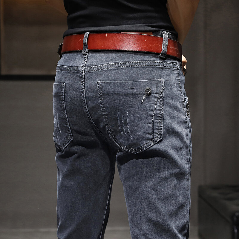 Jeans Denim pria, celana Denim pria kasual keren merek baru, celana harian High Street abu-abu kualitas tinggi Dropship