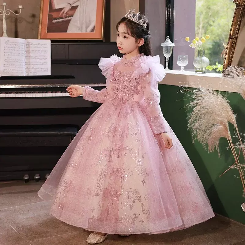 زهرة الصبي مساء فستان بأكمام طويلة ، عيد ميلاد الأميرة فتاة ، البيانو المضيف بنجبنج شا اللباس الأداء