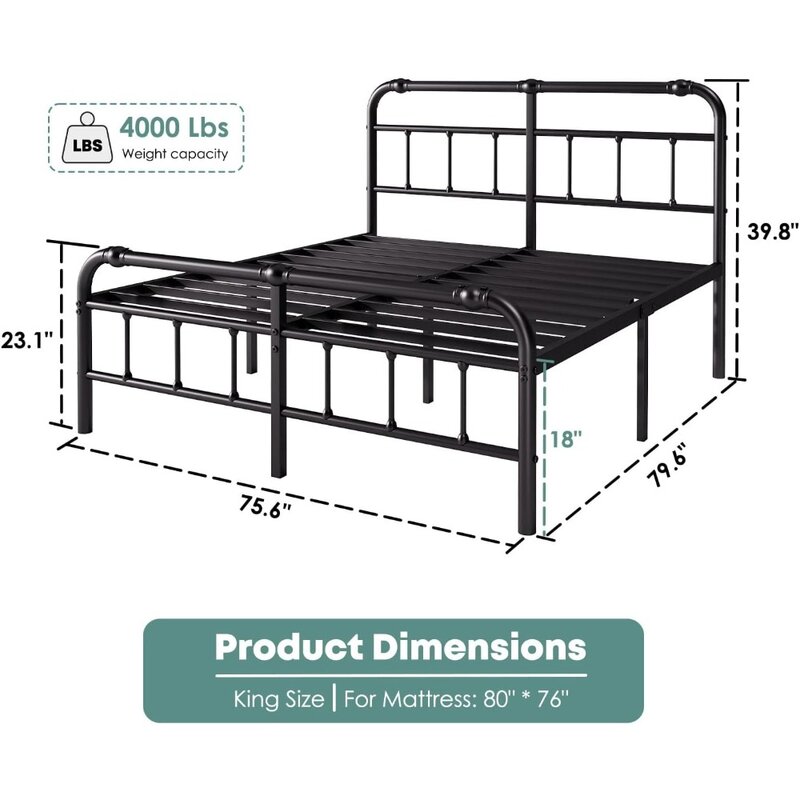 Rama łóżka typu king-size z zagłówkiem i podnóżkiem, 18-calowa metalowa platforma rama łóżka typu king-size