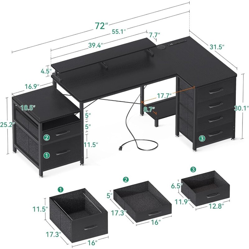 L Shaped Computer Desk with File Drawers & Power Outlet, 72" Corner Desk with Storage & Monitor Shelf, Large Work Desk