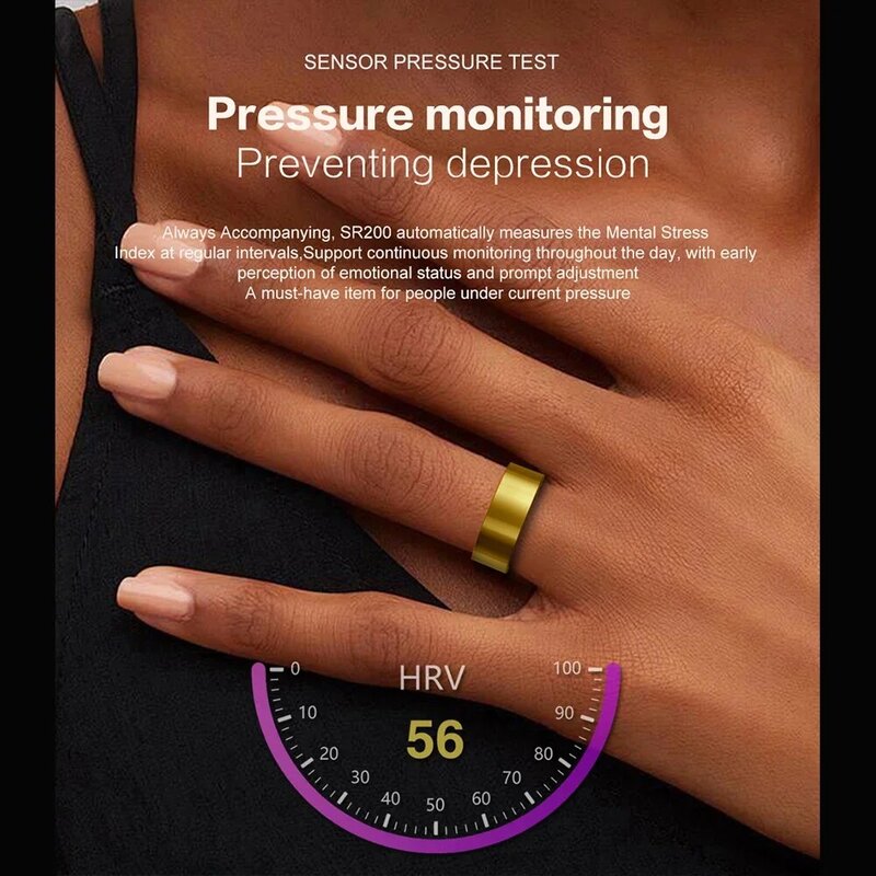 Smart Ring sr200 Gold Herzfrequenz Blutdruck Blut Sauerstoff Temperatur Schlaf Kalorien Gesundheit mehrsprachige Fitness Tracker Ring