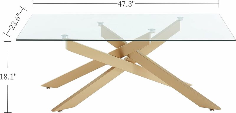 Meja kopi Modern persegi panjang, atasan kaca temper dan kaki tabung logam, 47.3 "px3.3" Wx18.1 "H, emas