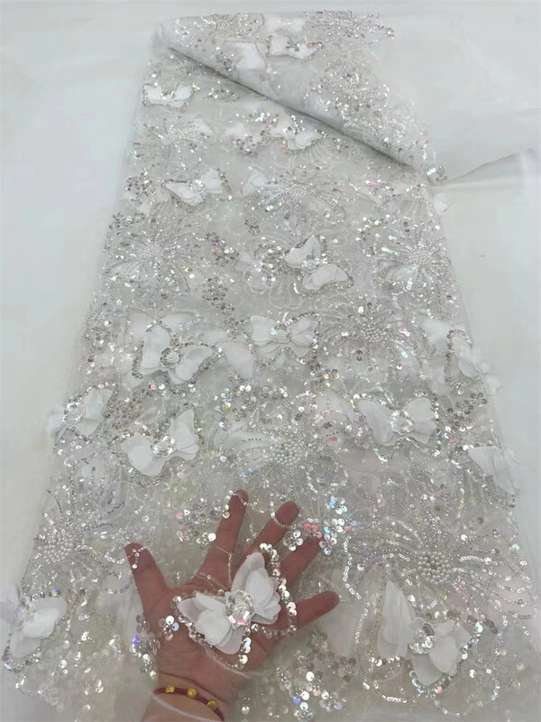 Perles de dentelle de filet de broderie faites à la main pour les robes de soirée de mariage des femmes, tissu de dentelle française, luxe, plein de charme, nouveau design de mode