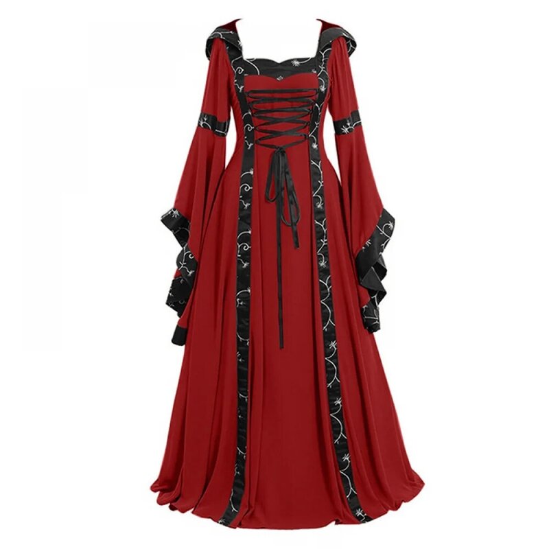 Gótico vitoriano bruxa vampiro vestido feminino, mangas de trompete, vestido medieval, renascimento, halloween, carnaval, terno demônio