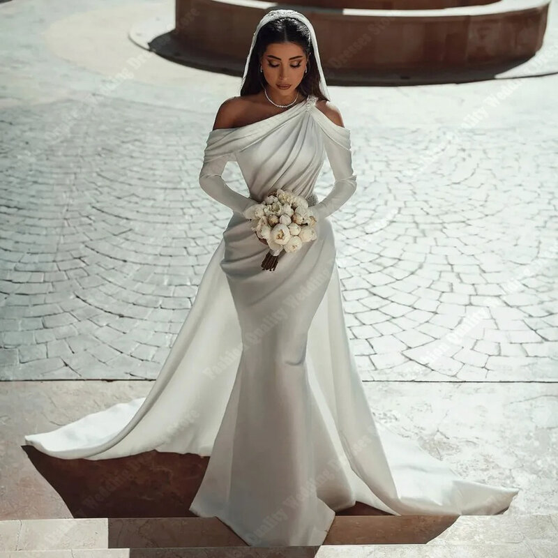 Gaun pernikahan permukaan Satin kualitas tinggi Sederhana V dalam mengepel panjang jubah pengantin putri duyung bungkus bokong gaun pengantin