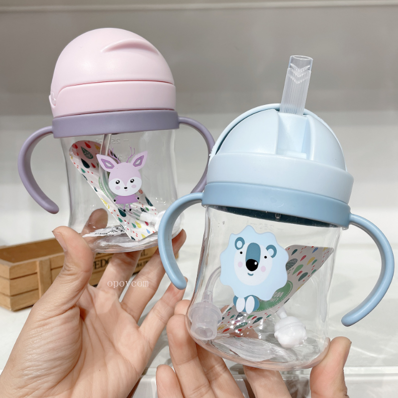250ml New Cartoon Animal Baby Kids Water Sippy Cup Double Handle Drinking Water Bottle Gravity Ball Straw Baby Children's Cups