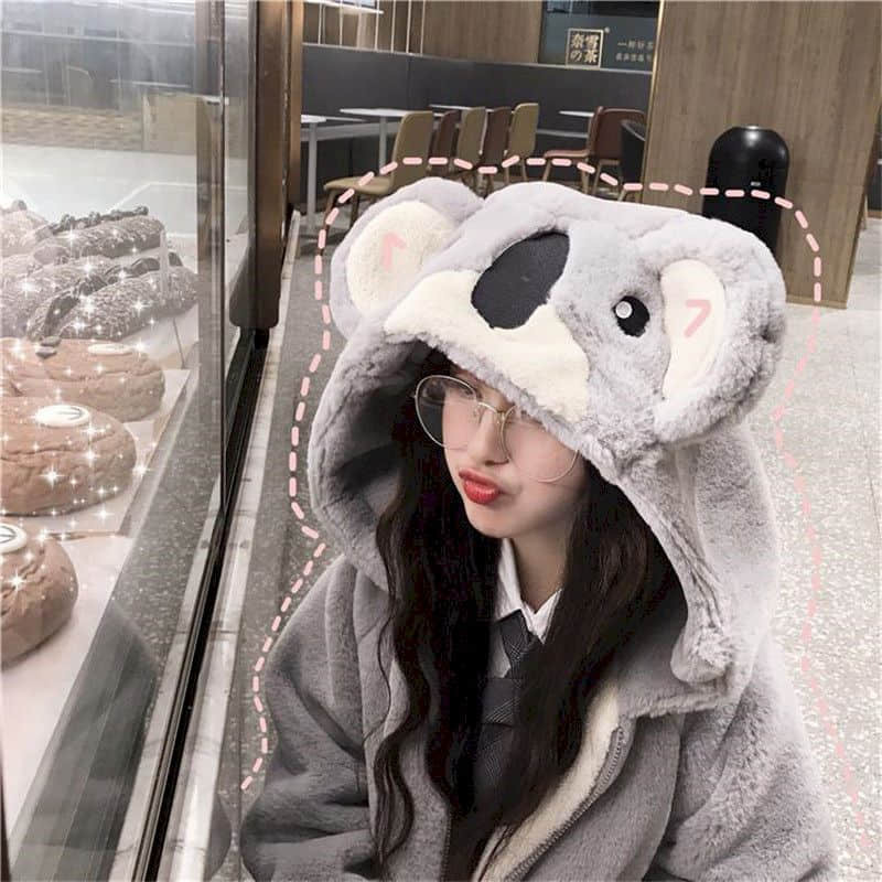 2023 Plush Jacket Female New Style Japanese Soft Girl Winter Cute Koala Ear Hooded Jacket Student Thickened Furry Jacket Girl