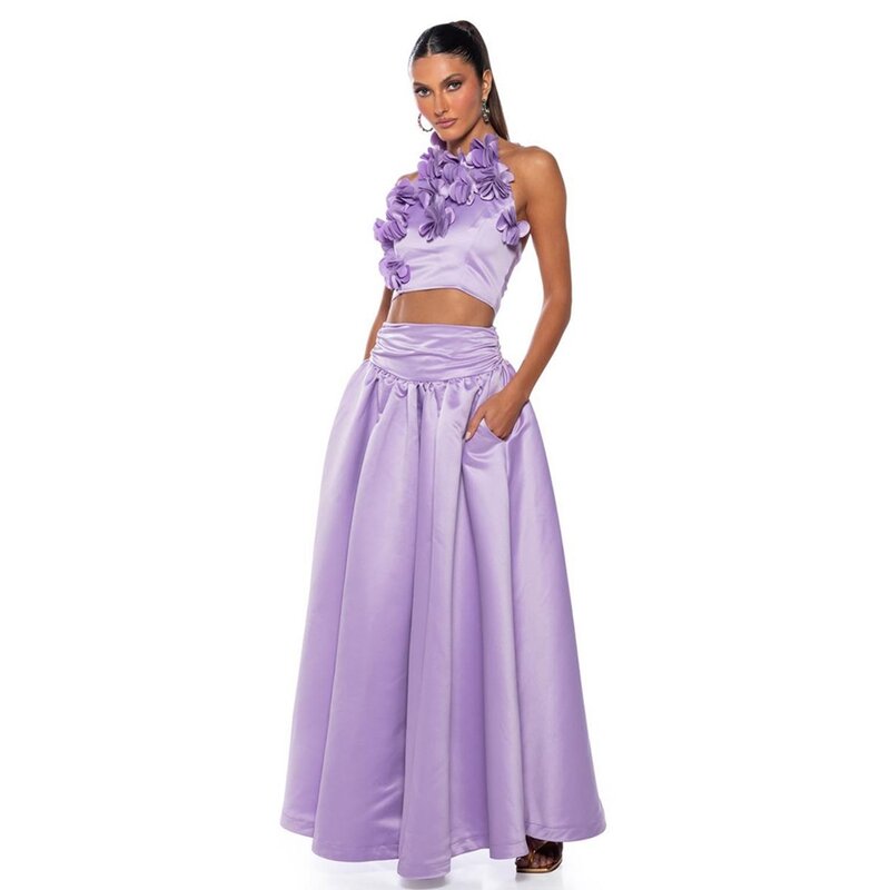 High Waist Lavender Satin A-line Long Skirt Floor Length Prom Skirt With Zipper Custom Made Woman Clothes Ever Pretty Gown