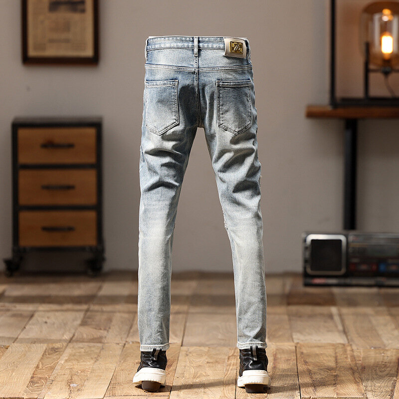 Nostalgic Retro Biker's Jeans Men's Stitching Patchwork Street Slim Fit Skinny Embroidered Ruan Handsome Personality Trousers